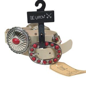 Twig & Arrow Red & Silver Concho Belt Large/XL Faux Leather Beige 45" Long